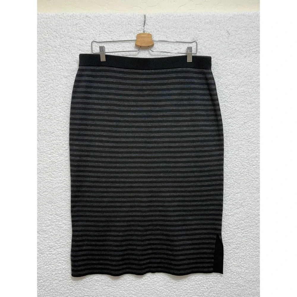 EILEEN FISHER Striped Knit Pencil Skirt‎ Charcoal Gray Black L/G